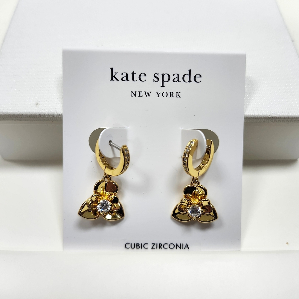 NWT Kate Spade Gold-Tone Precious Pansy Drop Huggie Earrings